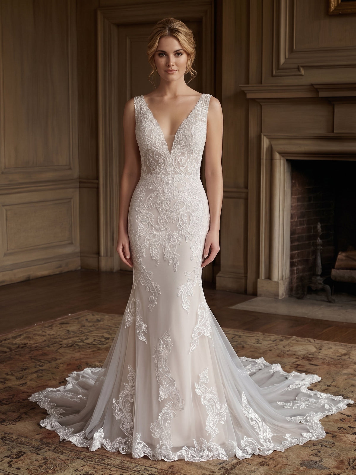 Lacey Bridal Ltd. Rosanna mermaid wedding gown with plunging V-neck, beaded paisley lace, and tulle skirt.