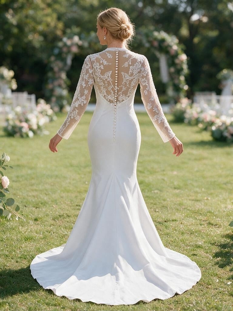 Lacey Bridal Ltd. Roselle mermaid gown with lace illusion sleeves, sheer back, and button detail on a grassy lawn.