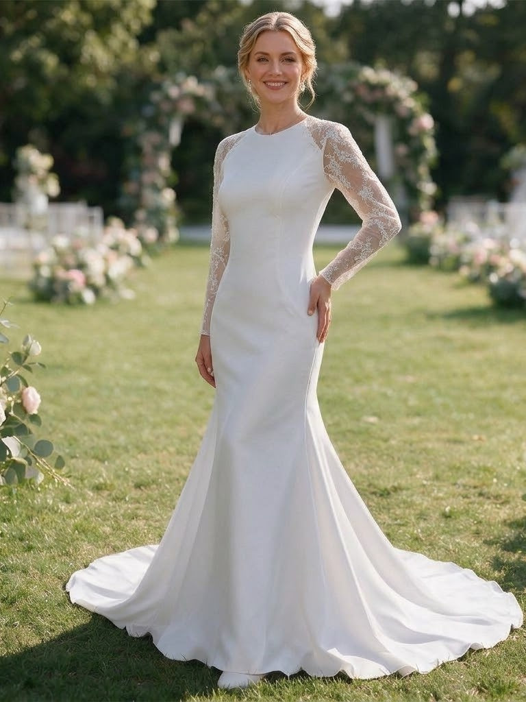 Lacey Bridal Ltd. ROSELLE white mermaid wedding gown with long illusion lace sleeves and a high crew neckline.