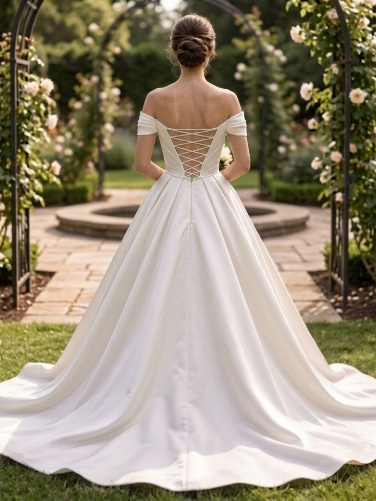Lacey Bridal Ltd. SOPHIA satin ball gown with off-the-shoulder neckline, lace-up corset back, and floor-sweeping train.