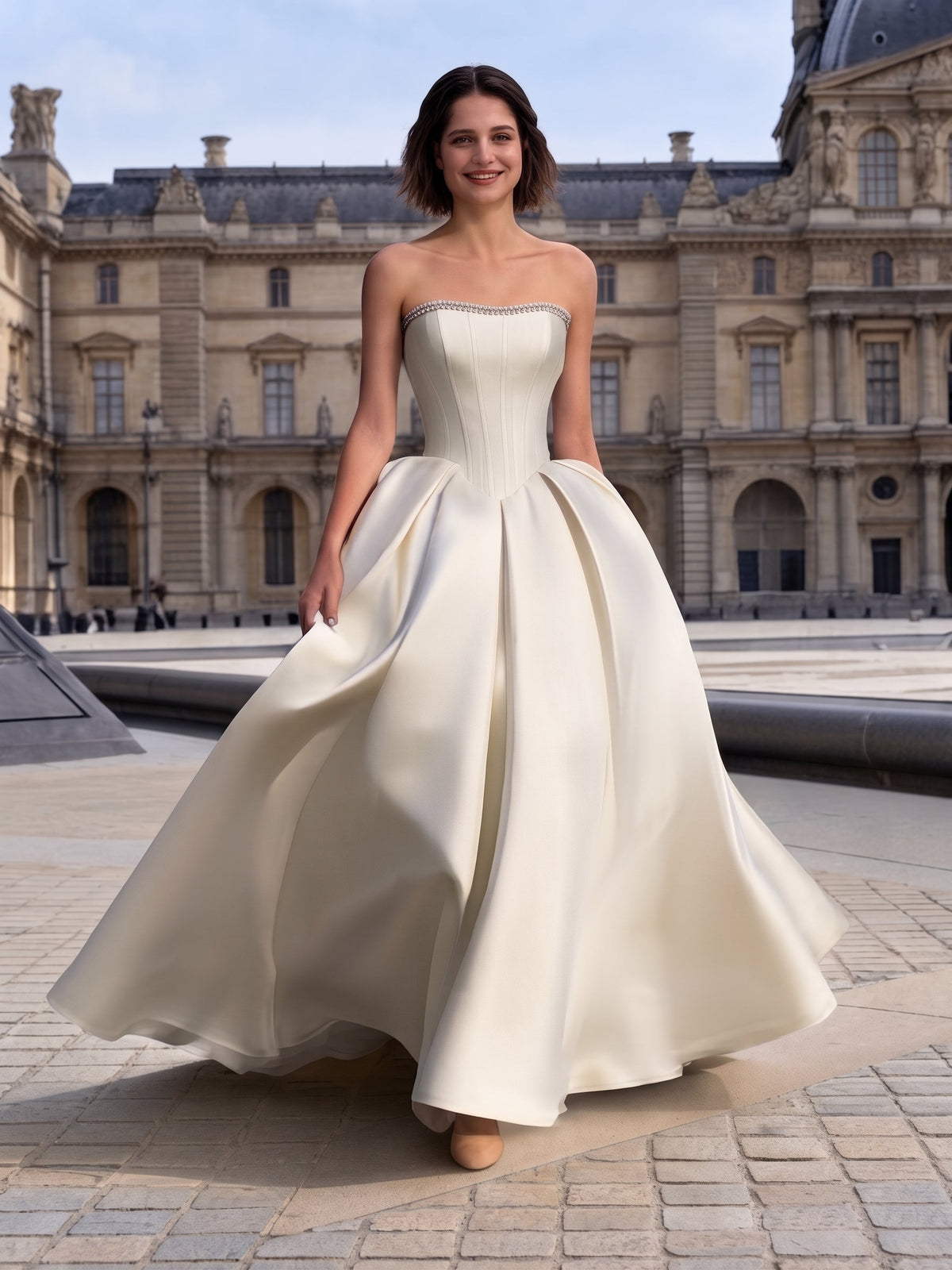 Lacey Bridal Ltd. DELIA strapless satin ball gown with pearl-beaded bodice and full skirt in a Parisian courtyard.