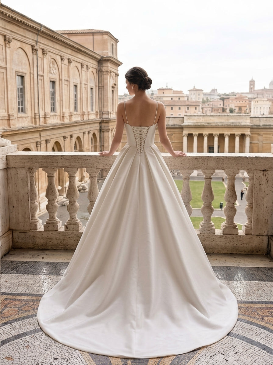 Lacey Bridal Ltd. Dominique satin a-line wedding gown with lace-up corset back and sweeping train on a stone balcony.