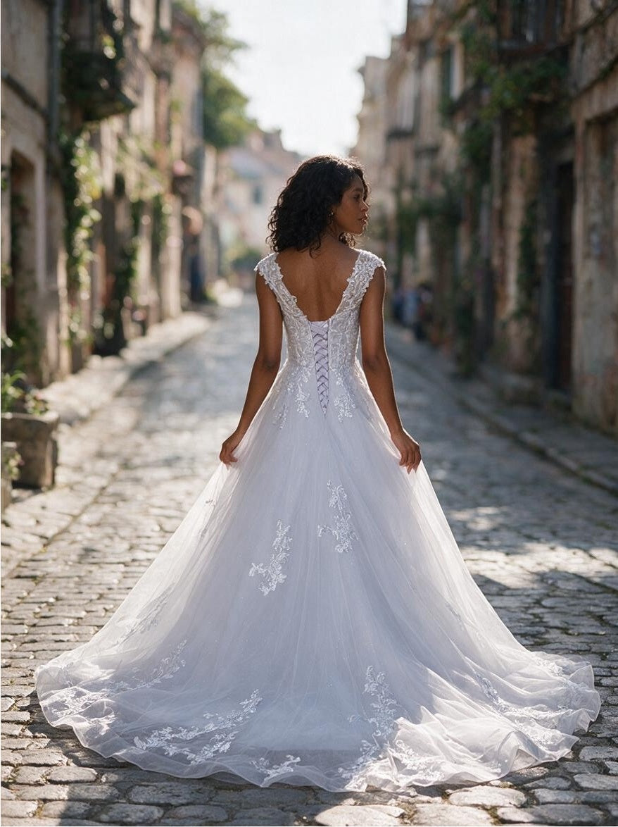 Lacey Bridal Ltd. Seraphina A-line wedding dress with lace-up back, floral lace appliqués, and flowing tulle skirt.