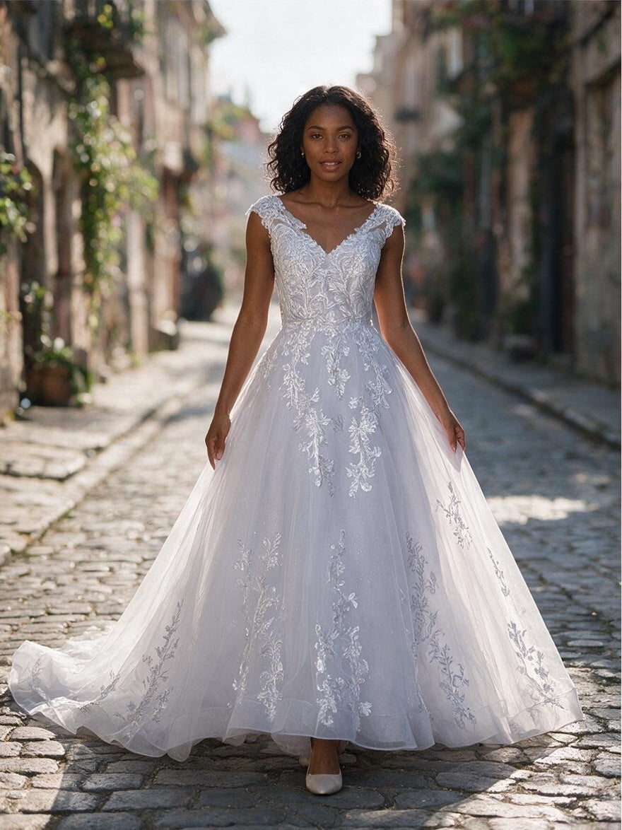 Lacey Bridal Ltd. Seraphina A-line wedding dress with floral lace bodice, V-neck, and flowing tulle skirt.