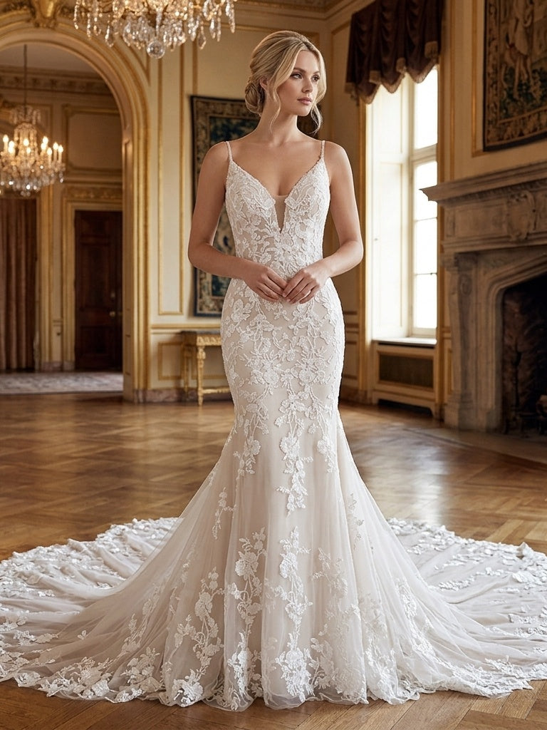 Lacey Bridal Ltd. Serena mermaid wedding gown with botanical lace, plunge V-neck, and champagne underlay in a ballroom.