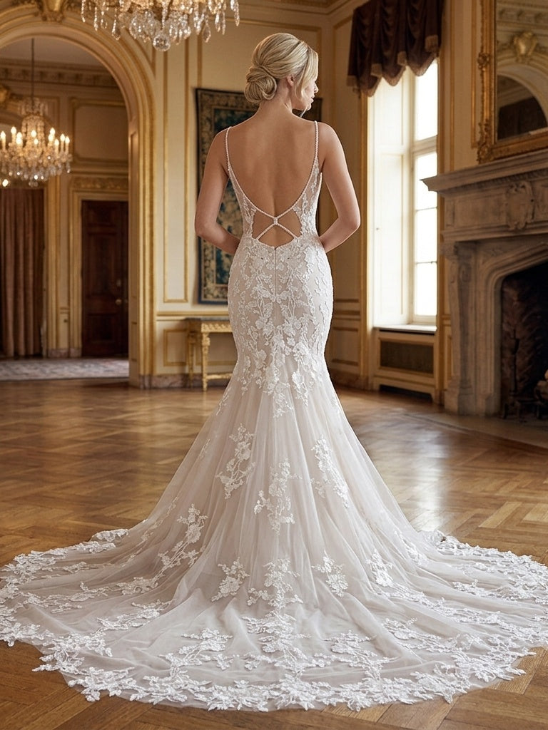 Lacey Bridal Ltd. Serena mermaid wedding dress with open back, criss-cross straps, and botanical lace tulle train.