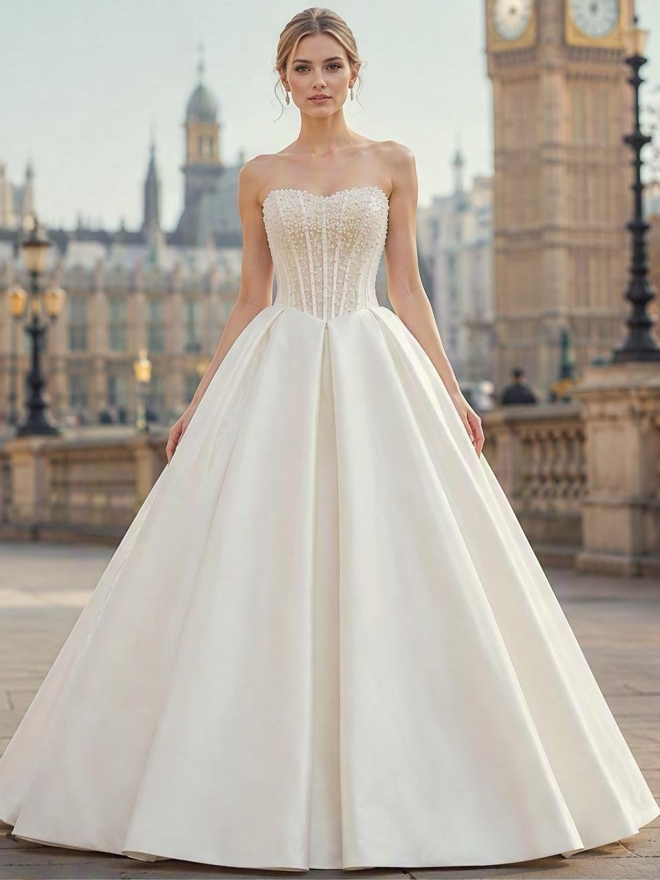 Lacey Bridal Ltd. SOLENE strapless ivory satin ballgown with pearl-encrusted corset bodice and full pleated skirt.