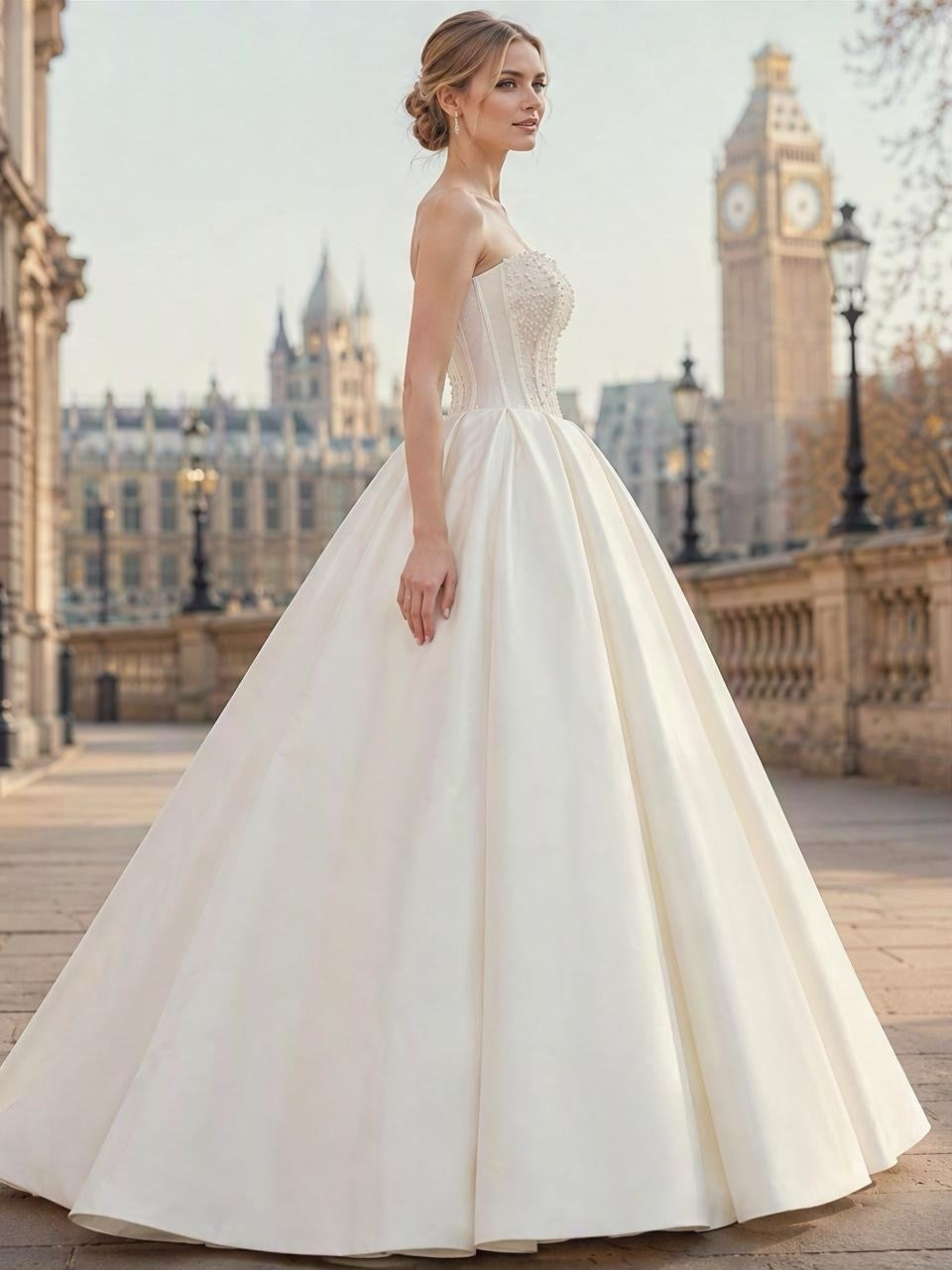 Lacey Bridal Ltd. Solene strapless ivory satin ballgown with pearl-encrusted corset bodice and full pleated skirt.