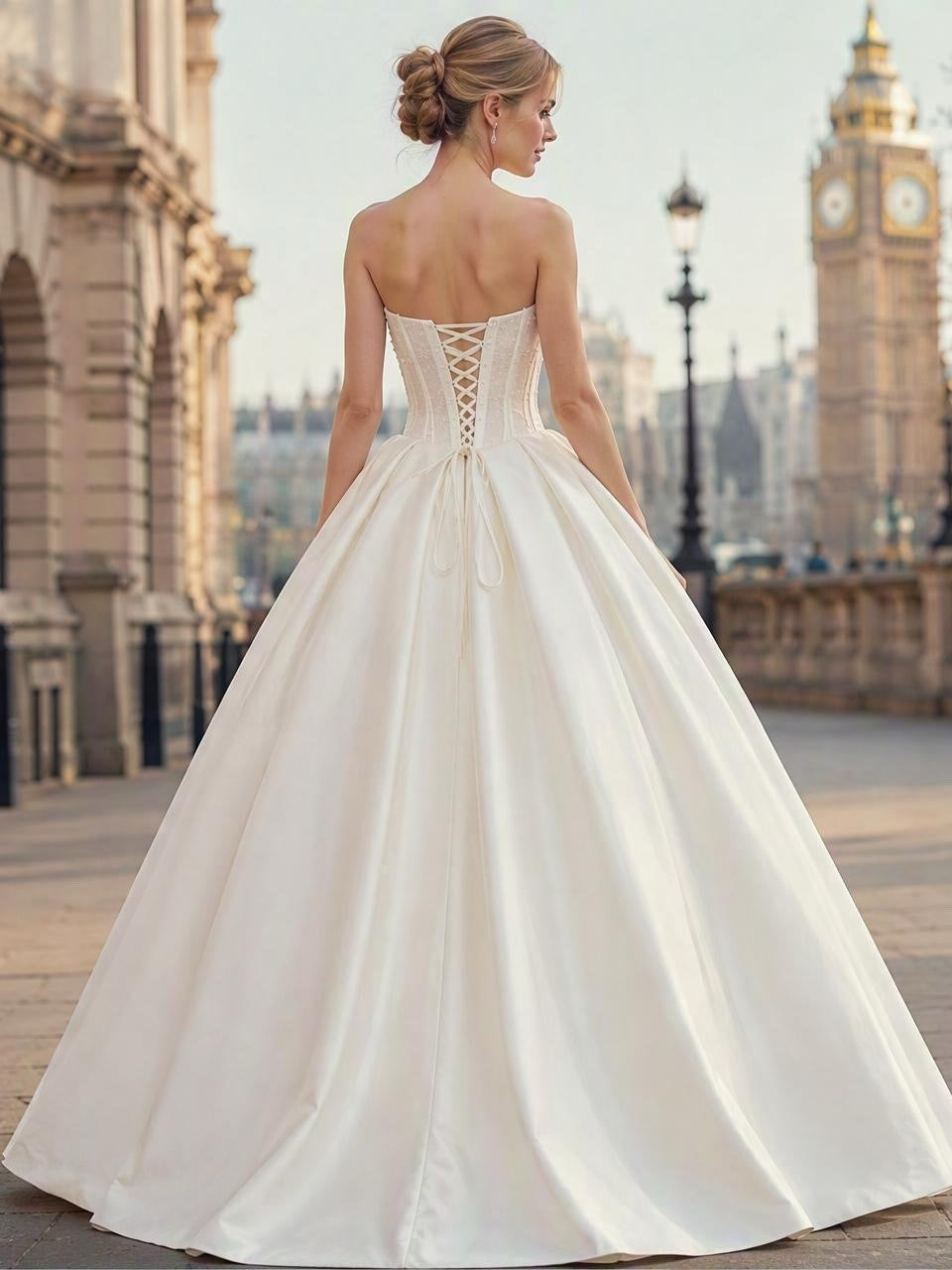 Lacey Bridal Ltd. Solene strapless ivory satin ballgown with pearl-encrusted corset bodice and lace-up back detail.