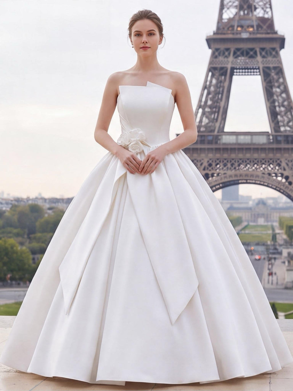 Lacey Bridal Ltd. strapless white satin ballgown with architectural folded neckline and floral waist accent in Paris.