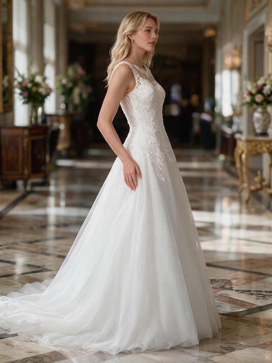 Lacey Bridal Ltd. SYLVIA sleeveless A-line wedding gown with lace bodice, illusion neckline, and tulle skirt.