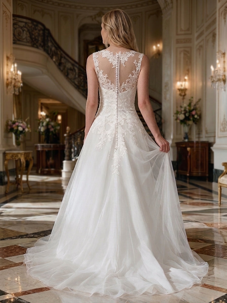 Lacey Bridal Ltd. Sylvia sleeveless A-line wedding gown with lace illusion back and fabric-covered button detail.
