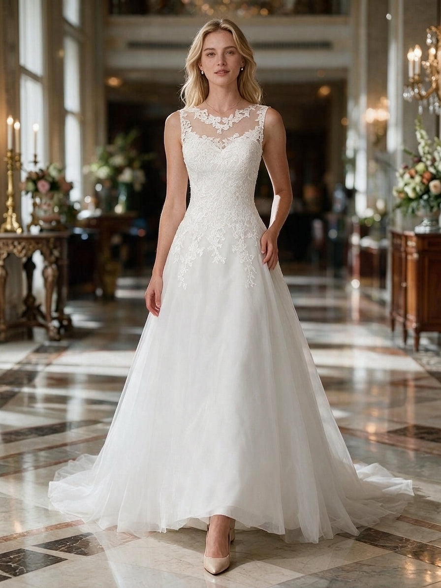 Lacey Bridal Ltd. SYLVIA sleeveless A-line wedding gown with illusion neckline, lace bodice, and flowing tulle skirt.