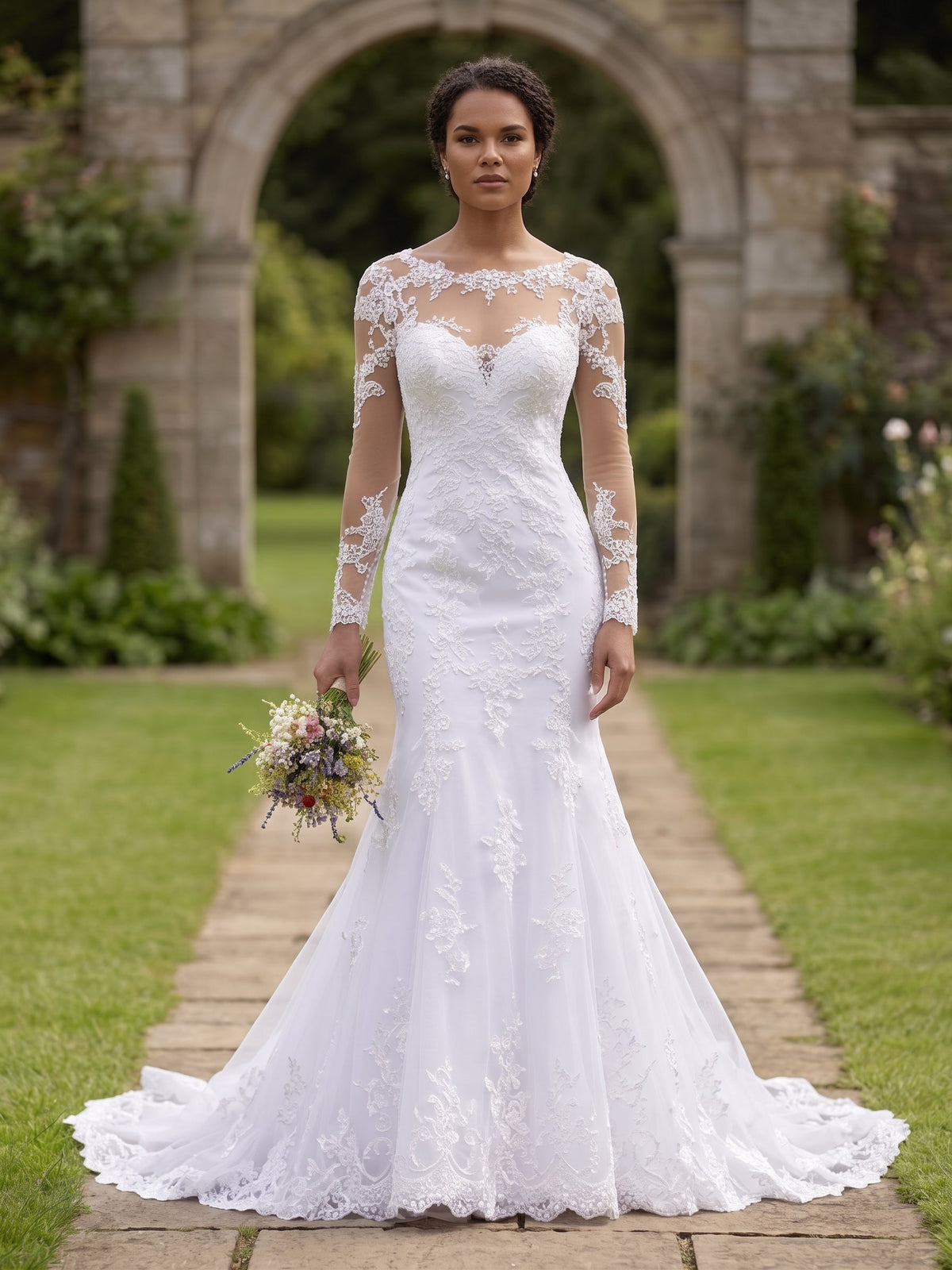 Lacey Bridal Ltd. THESPIA mermaid wedding gown with illusion neckline, long lace sleeves, and floral appliqué.