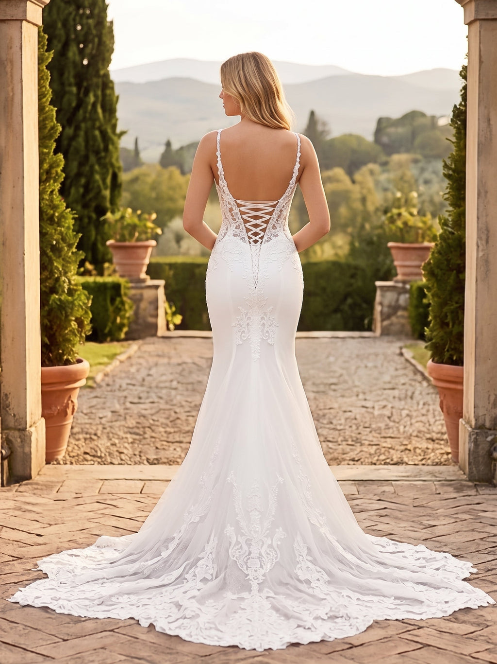 Lacey Bridal Ltd. Titania mermaid wedding gown with a low V-back, lace-up corset, and scalloped lace train.