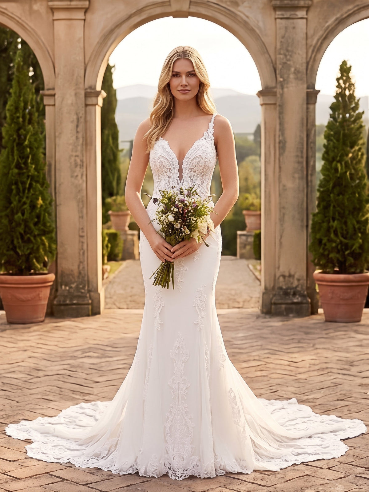 Lacey Bridal Ltd. Titania mermaid wedding gown with lace bodice, plunging neckline, and tulle train in a villa garden