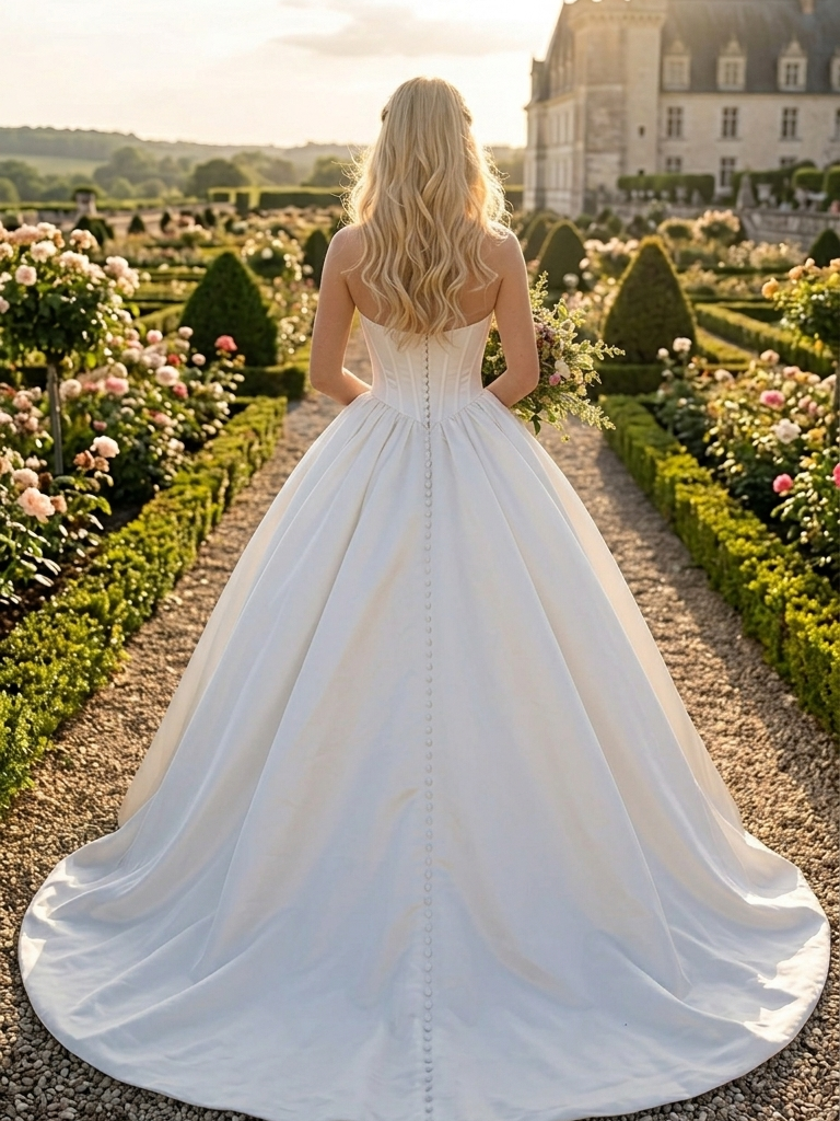 Lacey Bridal Ltd. VALENTIANA strapless satin ballgown with a button-back detail in a formal garden setting.