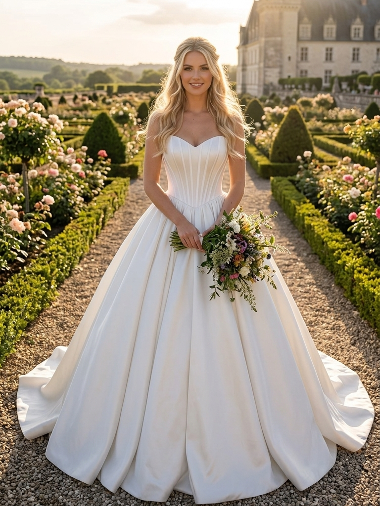 Lacey Bridal Ltd. VALENTIANA white satin ballgown with a strapless sweetheart bodice in a formal garden setting.