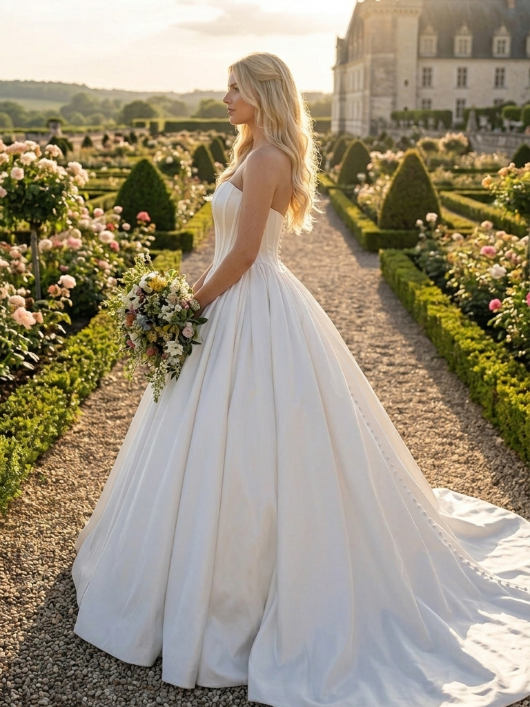 Lacey Bridal Ltd. Valentiana satin ballgown with strapless sweetheart bodice and long train in a garden setting.