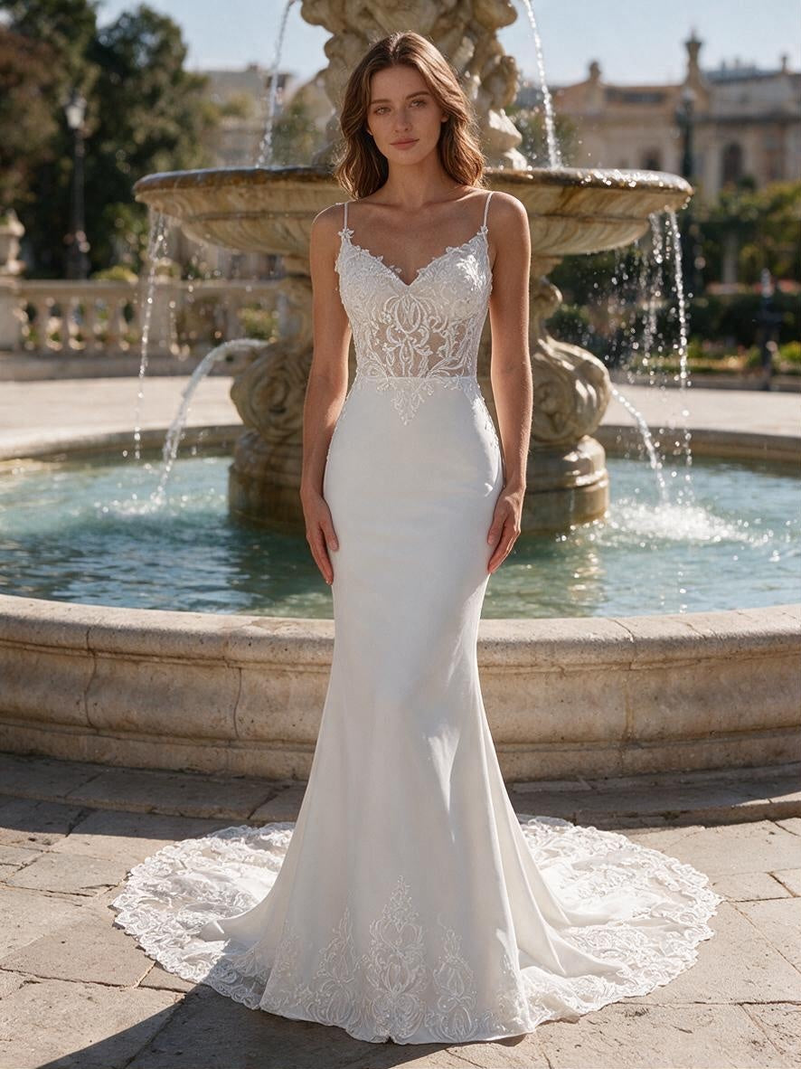 Lacey Bridal Ltd. Verena ivory mermaid wedding gown with a sheer lace bodice, beaded straps, and a scalloped lace train.