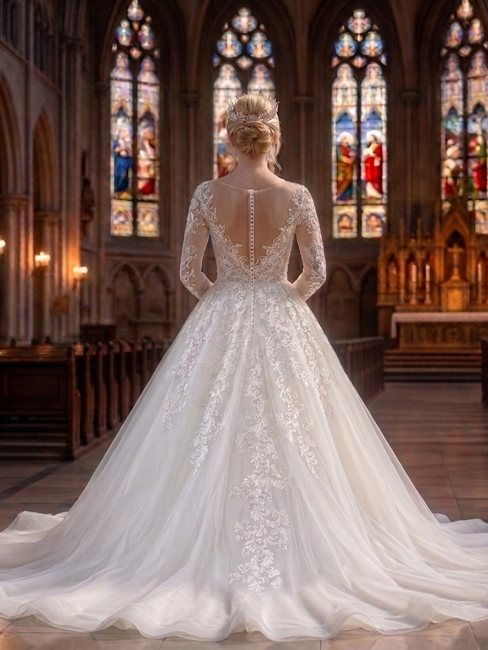 Lacey Bridal Ltd. Victoria ball gown with illusion long sleeves, lace bodice, and a dramatic tulle chapel train.