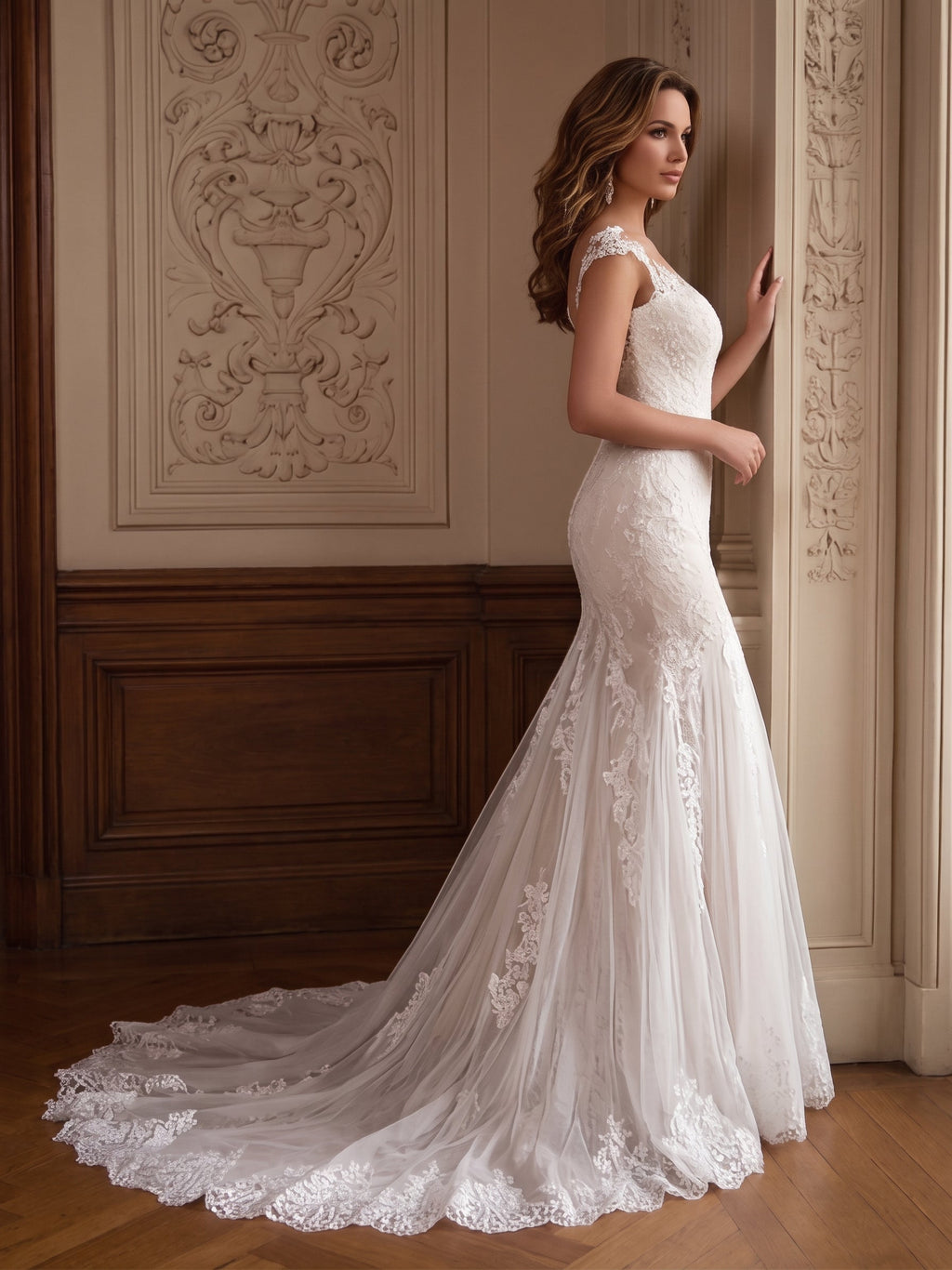 Lacey Bridal Ltd. Yolanda mermaid wedding gown with floral lace appliqué, illusion neckline, and sweeping lace train.