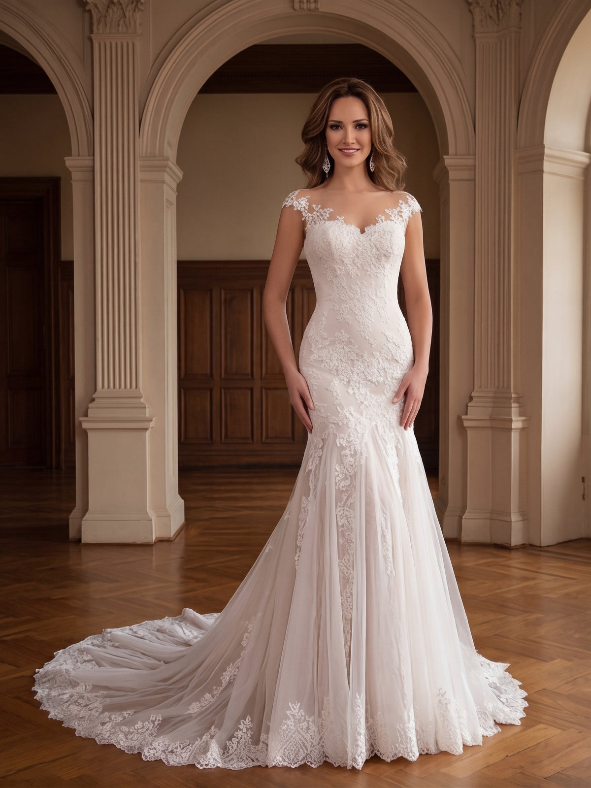 Lacey Bridal Ltd. Yolanda mermaid wedding gown with illusion neckline, floral lace appliqué, and a flowing tulle train.