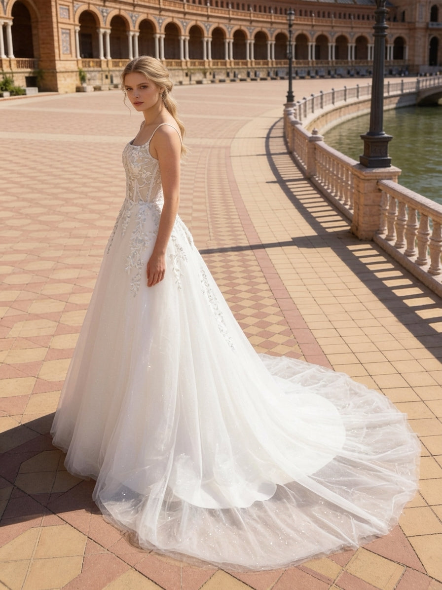 Lacey Bridal Ltd. ZOE A-line wedding gown with square neckline, beaded straps, and glitter tulle skirt in outdoor setting