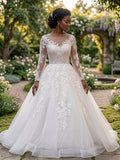 Lacey Bridal Ltd. ZORA ball gown with illusion bateau neckline, long lace sleeves, and full tulle skirt in a garden.