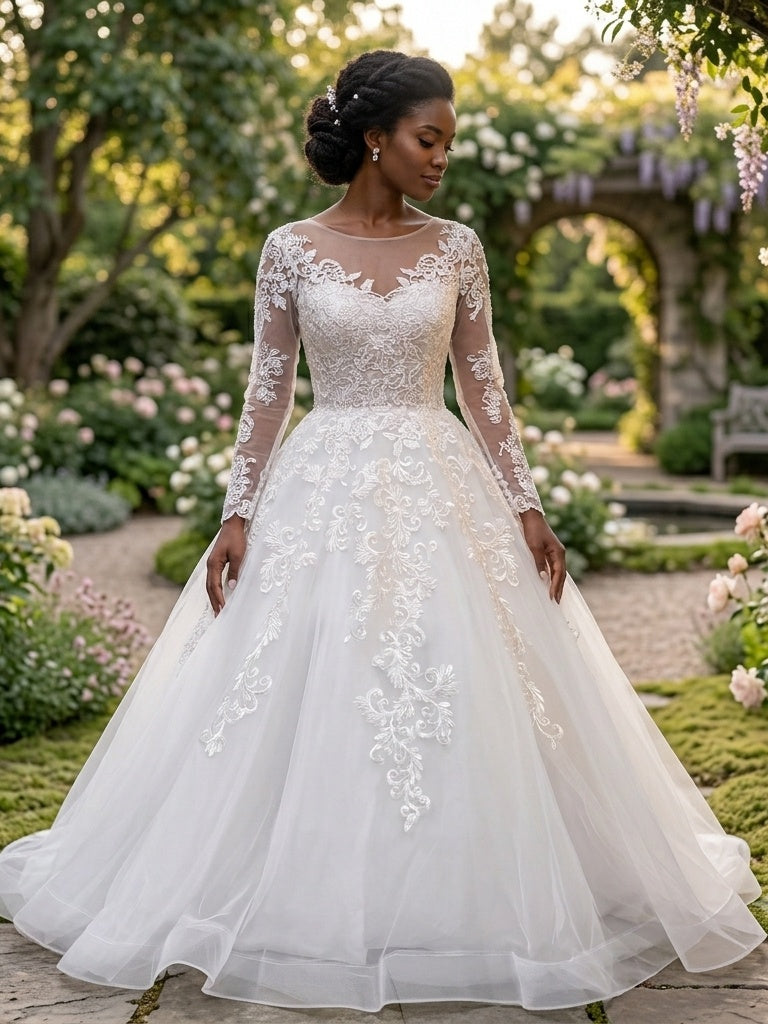 Lacey Bridal Ltd. ZORA ball gown with illusion bateau neckline, long lace sleeves, and full tulle skirt in a garden.