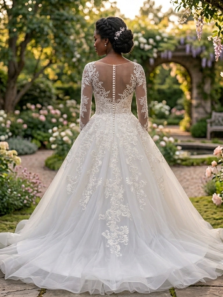 Lacey Bridal Ltd. ZORA ball gown with illusion scoop back, long lace sleeves, and full tulle skirt in a garden setting.